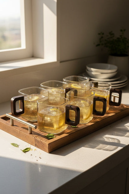 High Objects AXISFORM™ set of 6 square glass cups with geometric wood handles, filled with iced beverages.