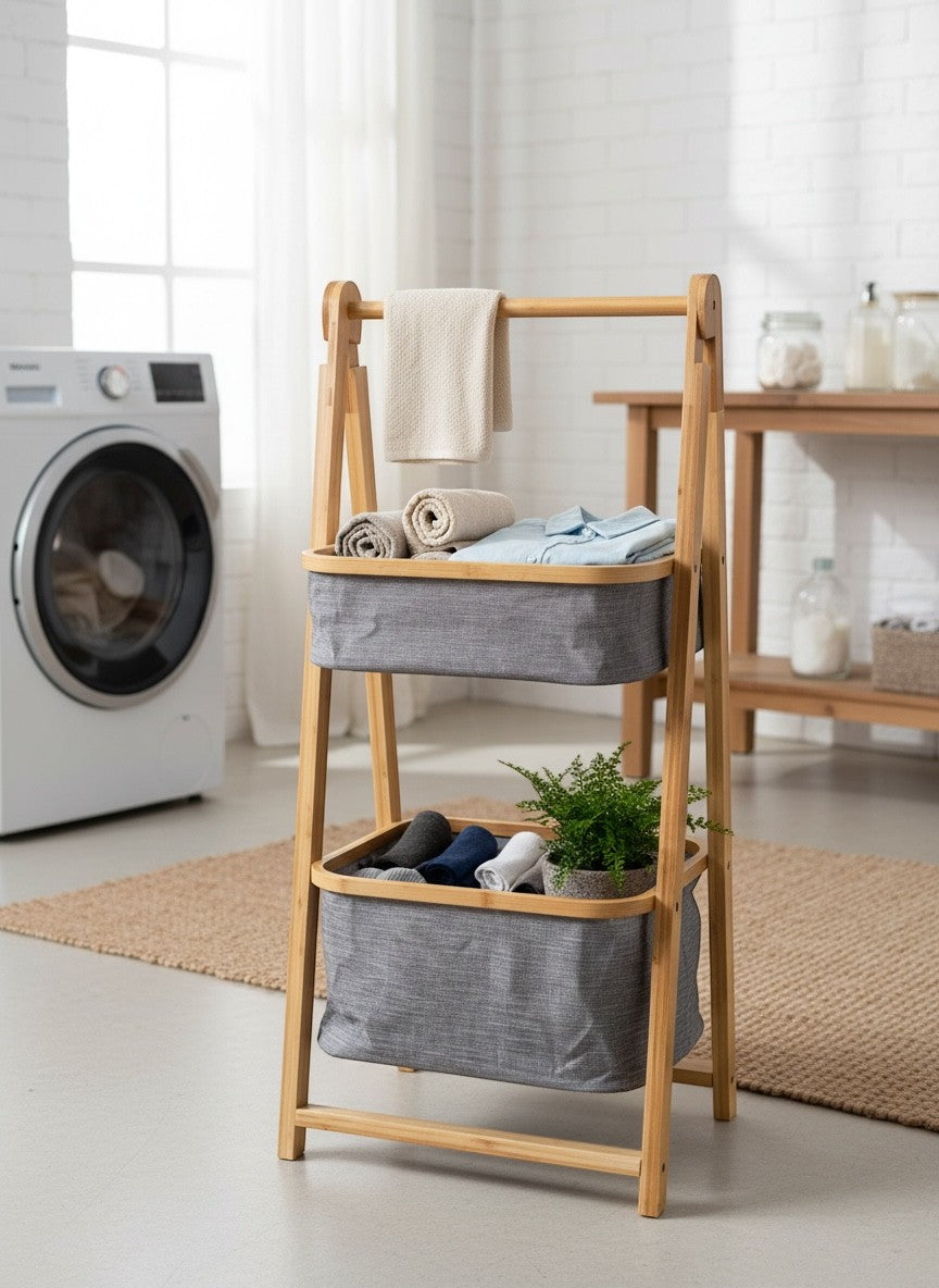High Objects natural bamboo frame storage organizer with two grey fabric baskets holding folded clothes and towels.