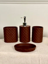High Objects Weaveform Bathroom Accessory Set in brown, featuring a soap dispenser, two cups, and a soap dish with woven texture.