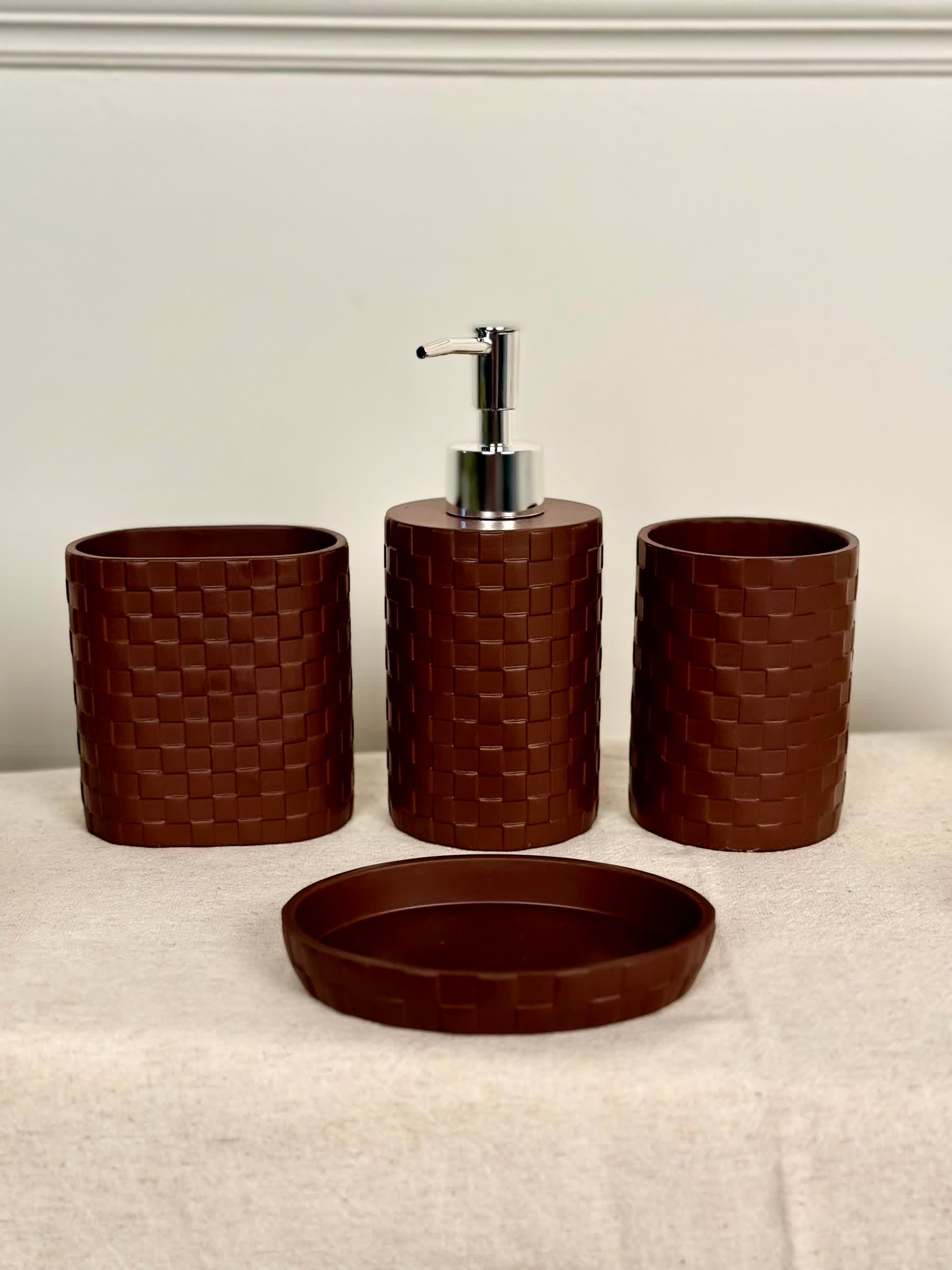 High Objects Weaveform Bathroom Accessory Set in brown, featuring a soap dispenser, two cups, and a soap dish with woven texture.