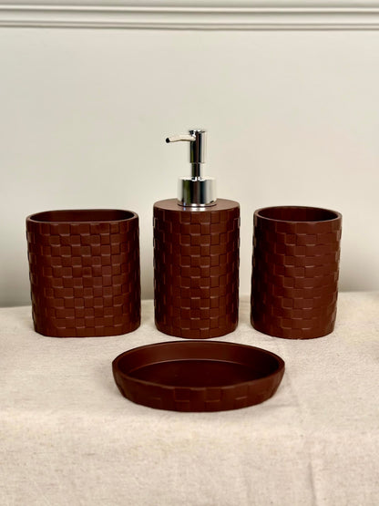 High Objects Weaveform Bathroom Accessory Set in brown, featuring a soap dispenser, two cups, and a soap dish with woven texture.