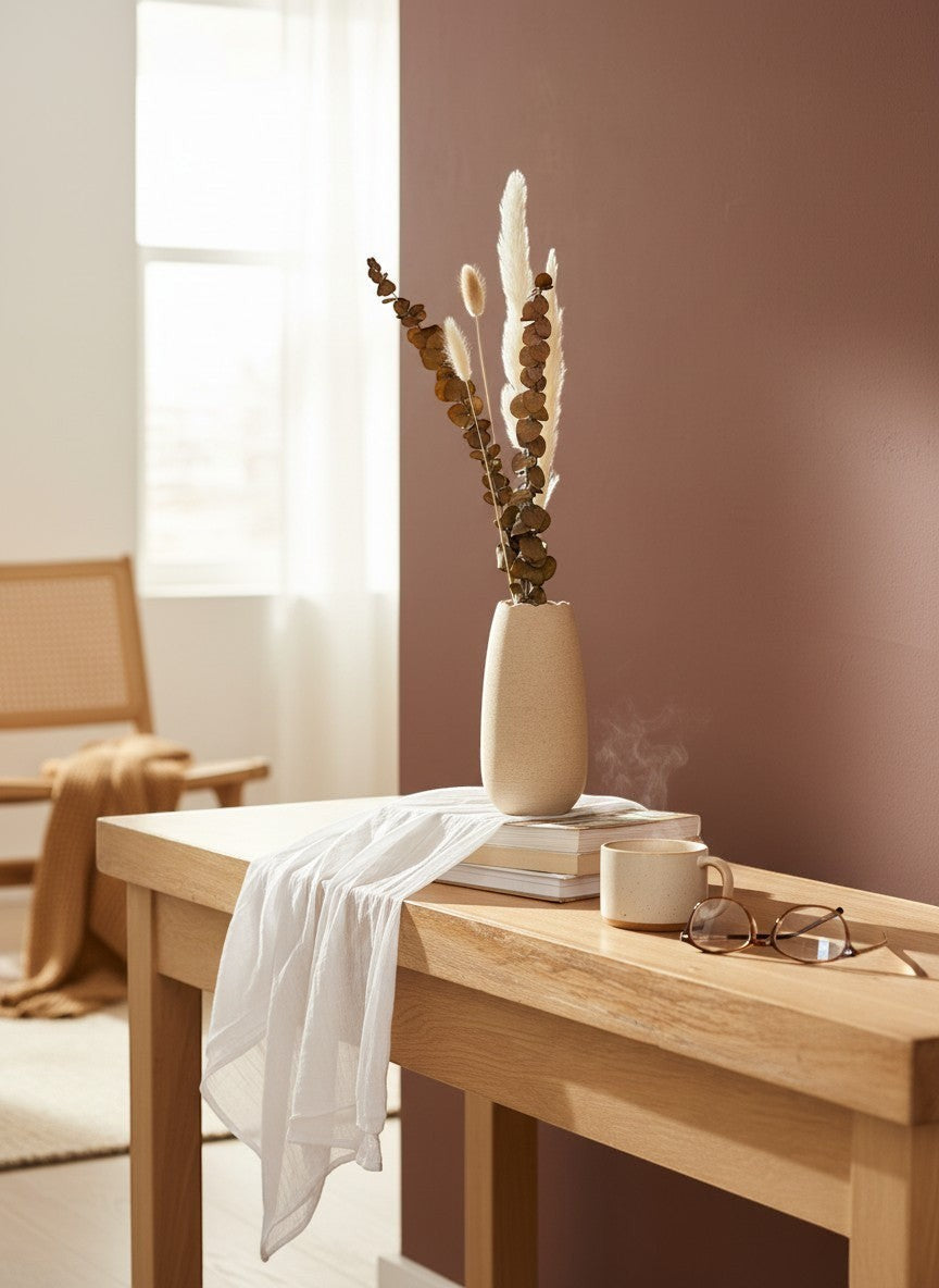 High Objects beige textured ceramic vase with dried eucalyptus and pampas grass.