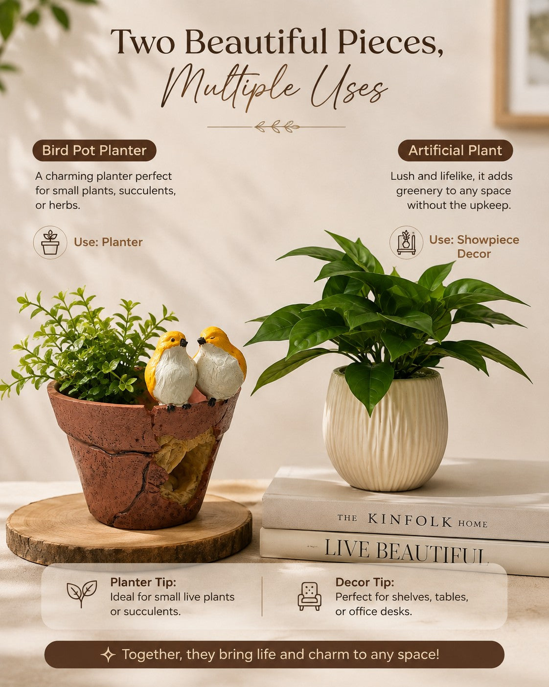 High Objects decorative bundle featuring a rustic bird-themed terracotta planter and a ribbed cream artificial plant.