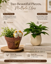 High Objects decorative bundle featuring a rustic bird-themed terracotta planter and a ribbed cream artificial plant.