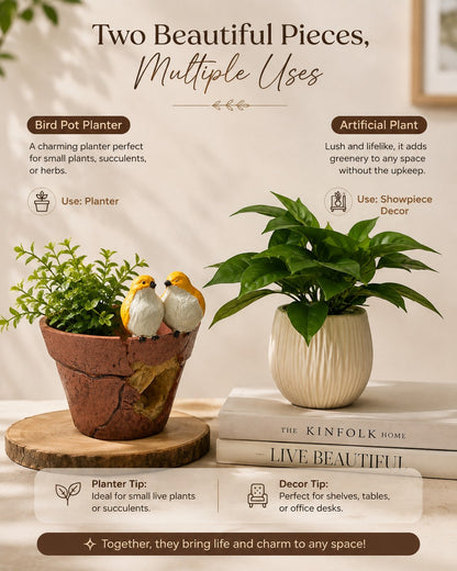 High Objects decorative bundle featuring a rustic bird-themed terracotta planter and a ribbed cream artificial plant.