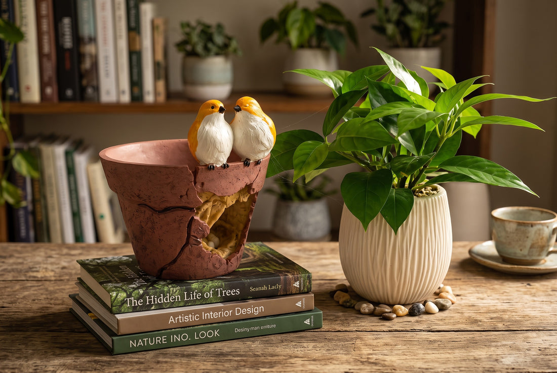 High Objects decorative terracotta-style planter with two yellow bird figurines perched on a stack of interior books