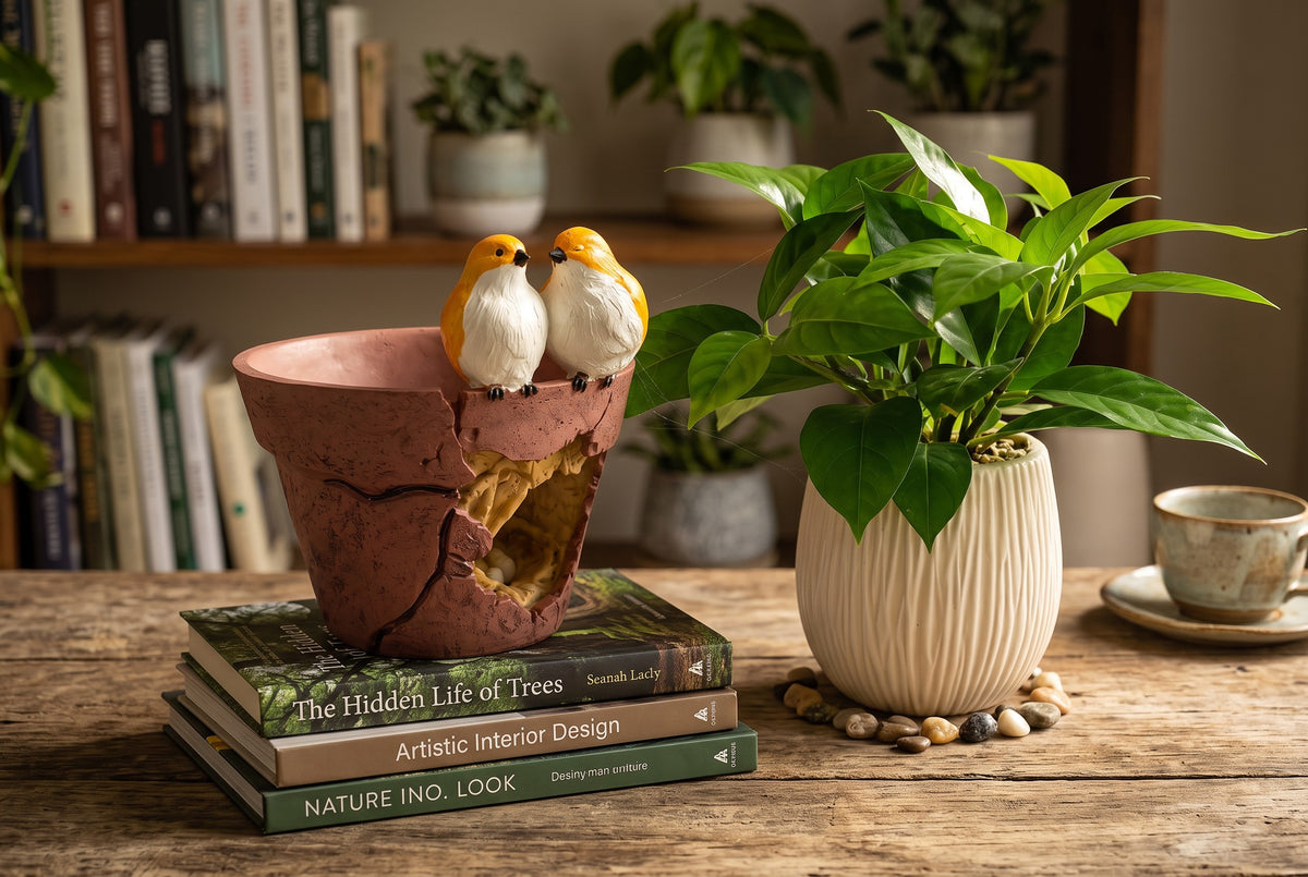 High Objects decorative terracotta-style planter with two yellow bird figurines perched on a stack of interior books