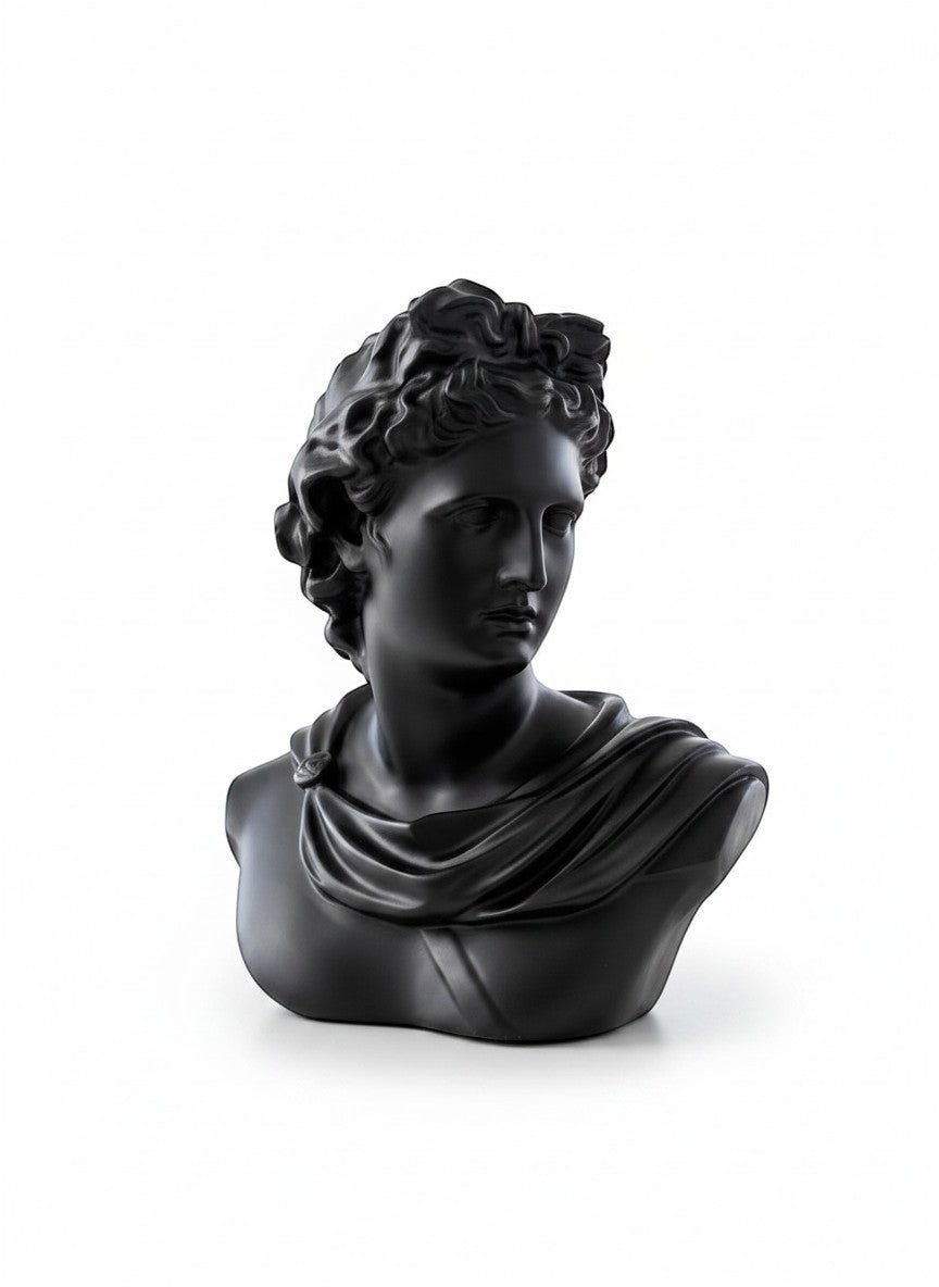 High Objects black matte bust of Apollo, classical Greek sculpture, draped garment detail