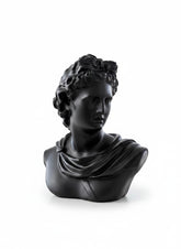 High Objects black matte bust of Apollo, classical Greek sculpture, draped garment detail