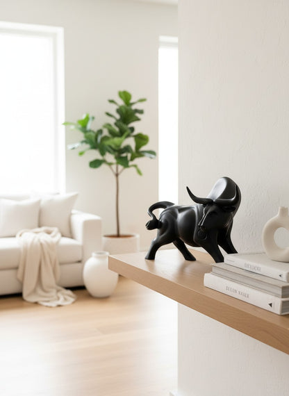 High Objects black matte bull showpiece with curved horns and ring in nose, on a textured neutral background.