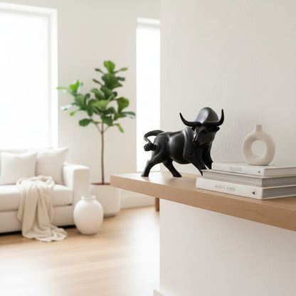 High Objects black bull showpiece on a wooden shelf with books and a white vase.
