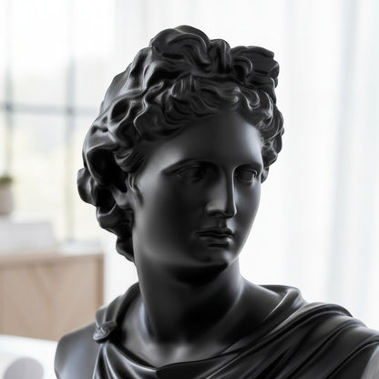 High Objects black matte bust showpiece of a classical male figure with curly hair and draped clothing.