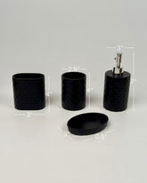 High Objects black woven bathroom accessory set including soap dispenser, toothbrush holder, cup, and soap dish.