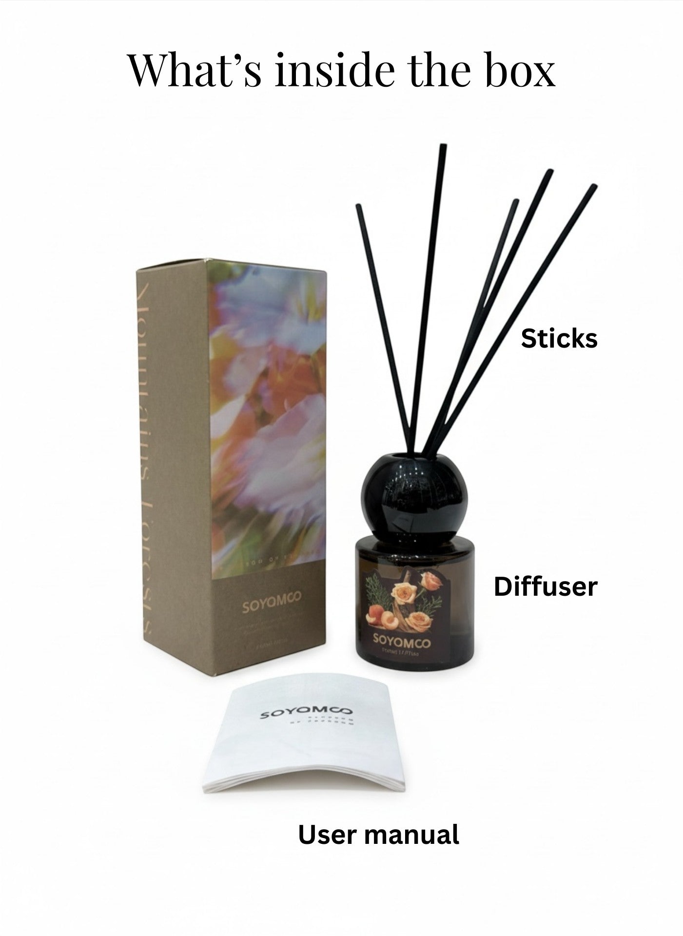 High Objects Blossom Reed Aroma Diffuser in a dark glass bottle with black reeds, 50ml capacity, fresh floral scent.