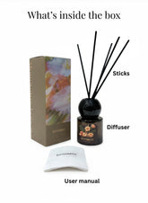 High Objects Blossom Reed Aroma Diffuser in a dark glass bottle with black reeds, 50ml capacity, fresh floral scent.