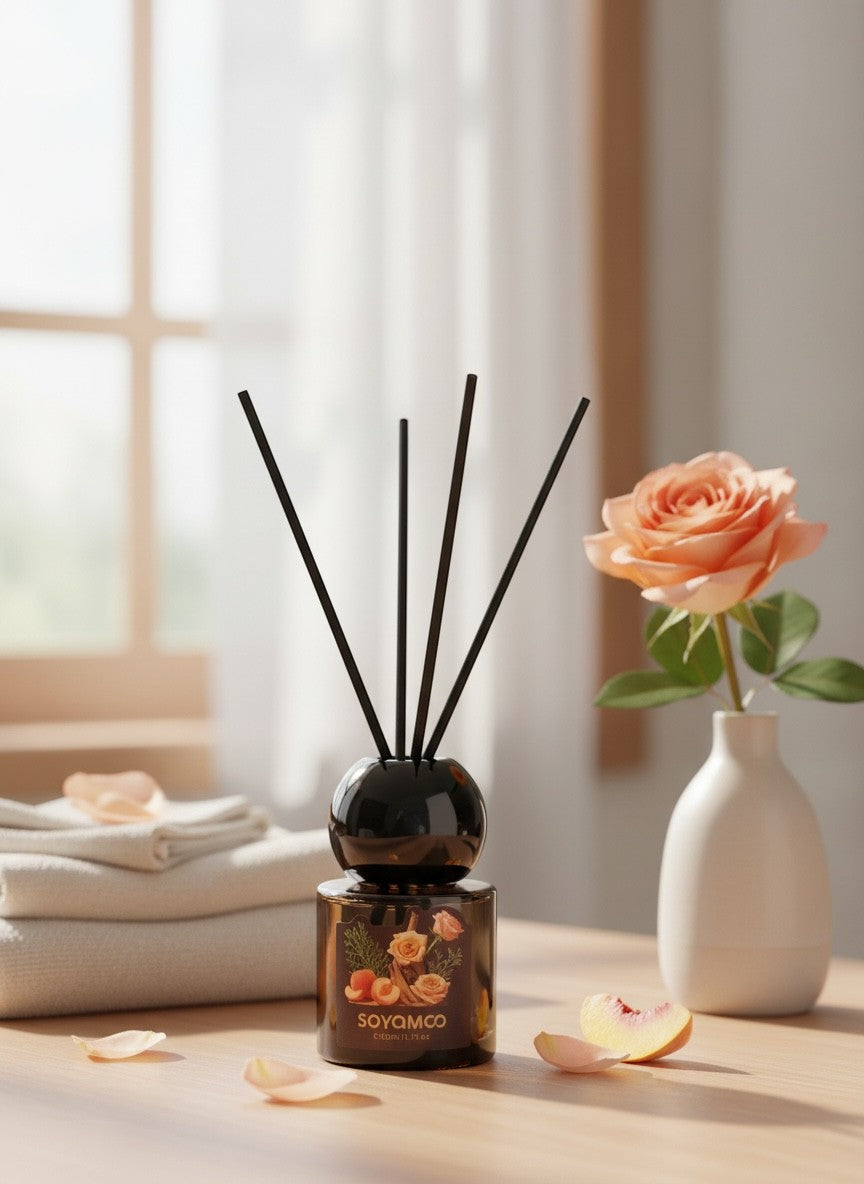 High Objects Blossom Reed Aroma Diffuser in amber glass bottle with black reeds, featuring a fresh floral scent.