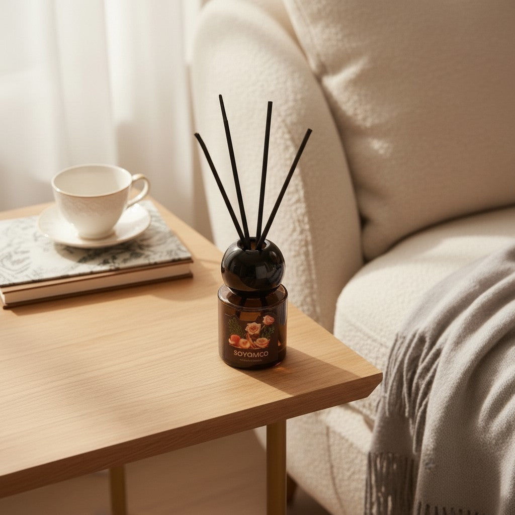 High Objects Blossom Reed Aroma Diffuser with fresh floral scent in a glass bottle with natural reeds.