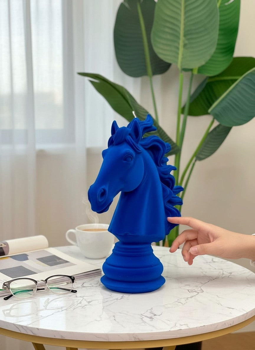 High Objects blue velvet horse bust showpiece with flowing mane on a pedestal base, capturing movement and elegance.