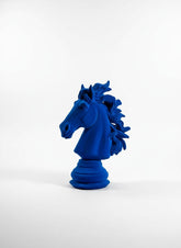 High Objects blue velvet horse bust showpiece with flowing mane on a pedestal base, capturing motion and elegance.