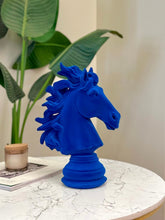 High Objects blue velvet horse bust showpiece with flowing mane on a pedestal base, a decorative sculpture.