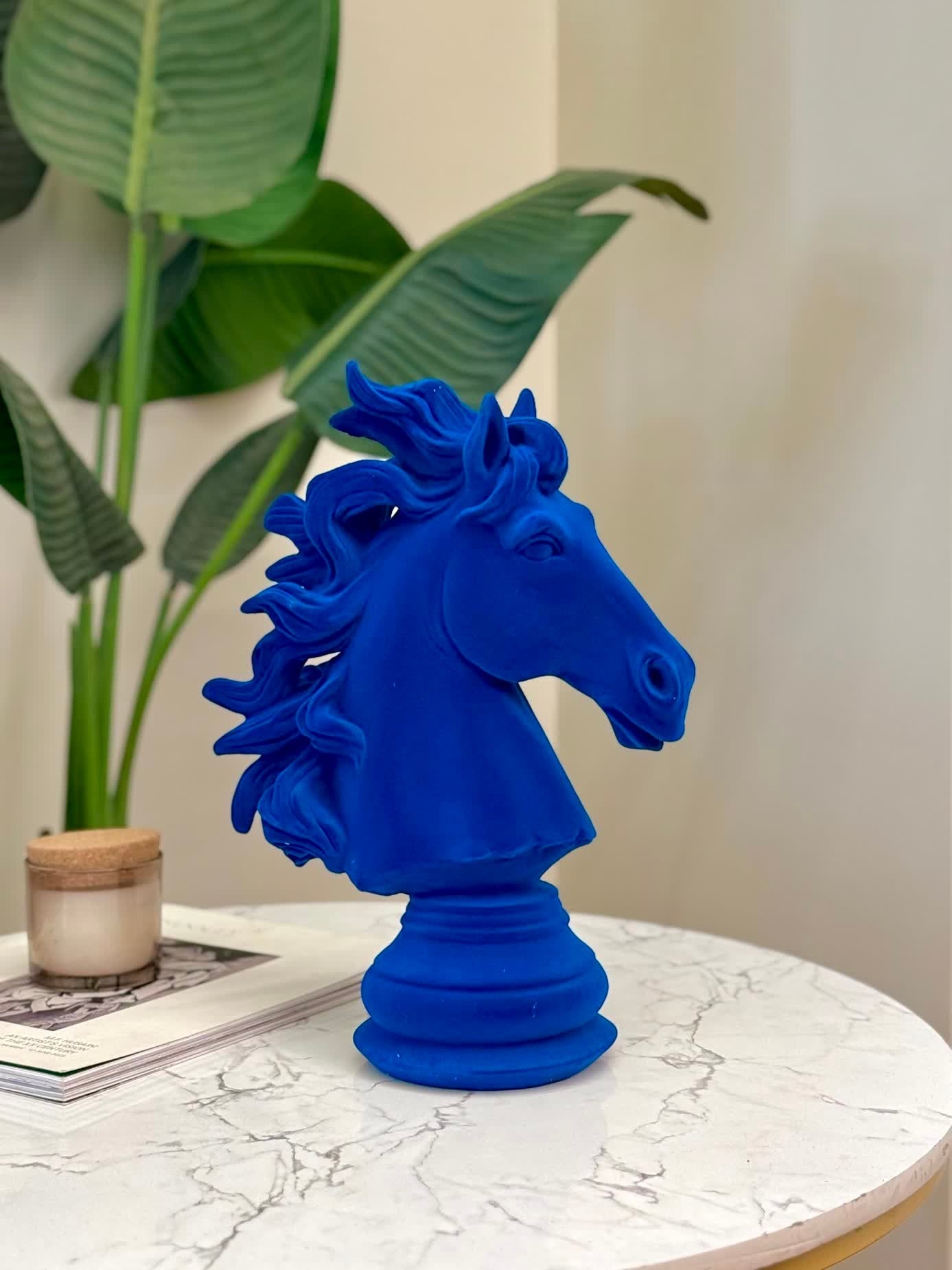 High Objects blue velvet horse bust showpiece with flowing mane on a pedestal base, a decorative sculpture.