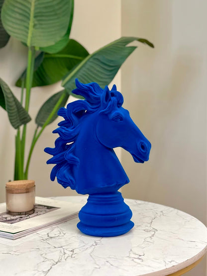 High Objects blue velvet horse bust showpiece with flowing mane on a pedestal base, a decorative sculpture.