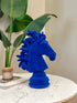 High Objects blue velvet horse bust showpiece with flowing mane on a pedestal base, a decorative sculpture.