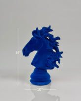 High Objects deep blue velvet horse bust showpiece with flowing mane on a pedestal base.