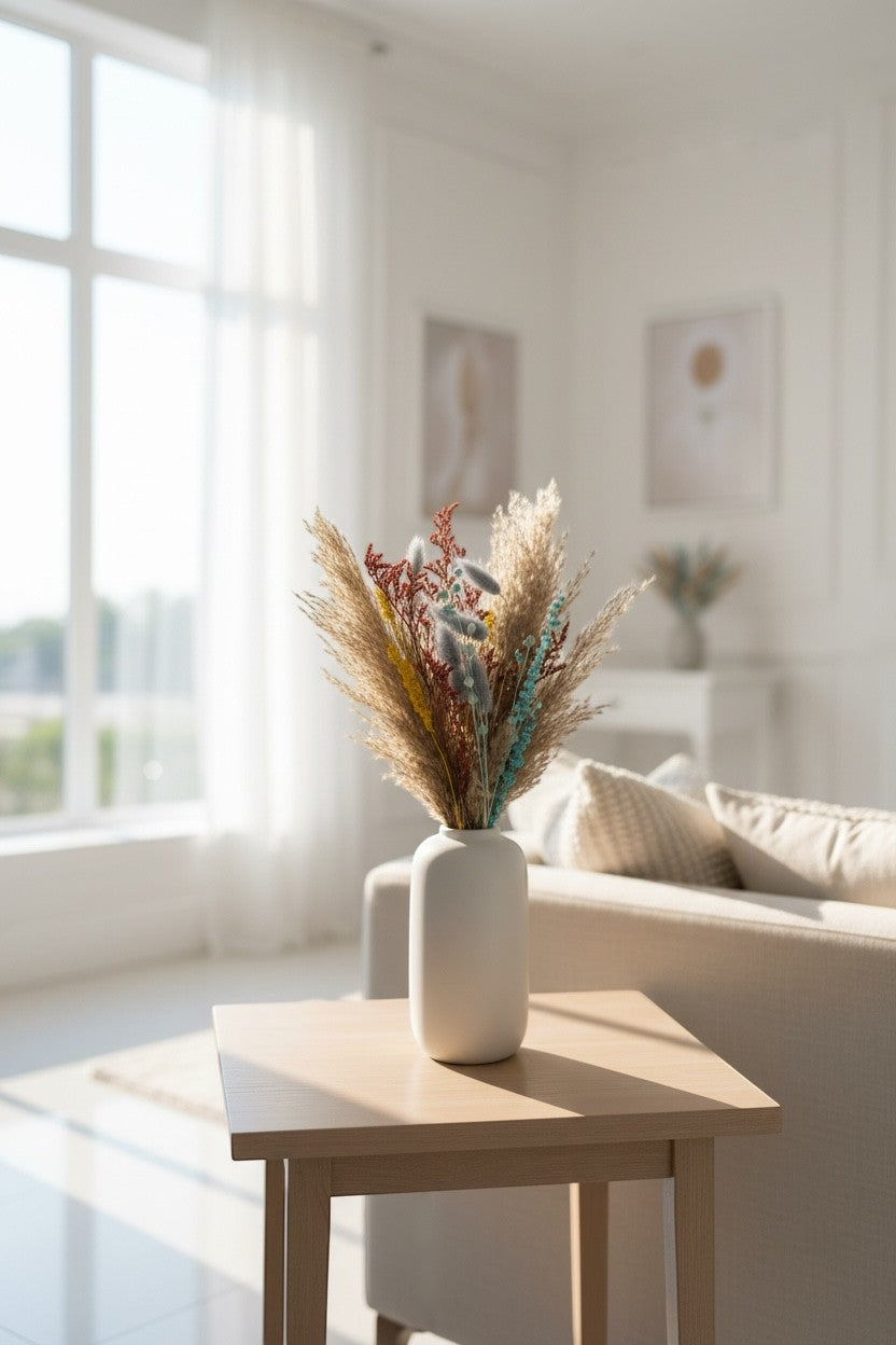 High Objects Botanical Coastal Prairie dried flower arrangement with pampas, bunny tails, grasses, and red foliage in a white vase.