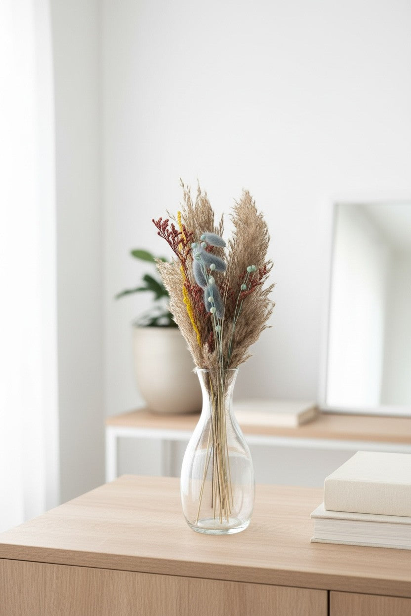 High Objects Botanical Coastal Prairie dried flower arrangement with pampas grass, blue bunny tails, and red foliage in a glass vase.