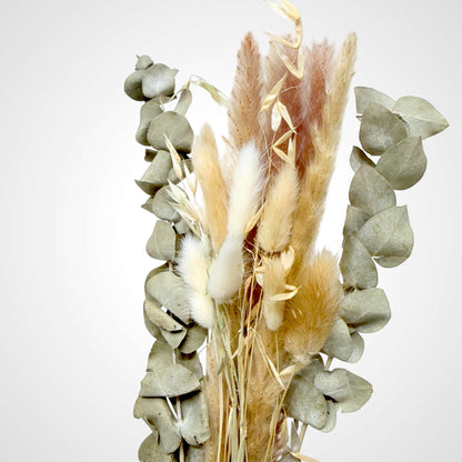 High Objects Botanical Eucalyptus Harvest dried flower arrangement with pampas grass, bunny tails, and eucalyptus in neutral tones.