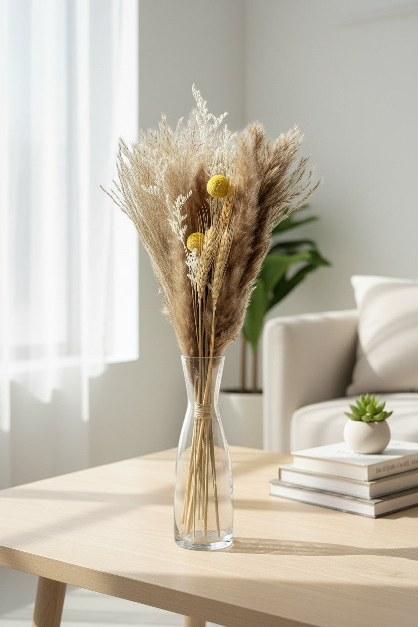 High Objects Botanical Golden Prairie dried flower arrangement with pampas grass, wheat, and yellow billy buttons in a glass vase.