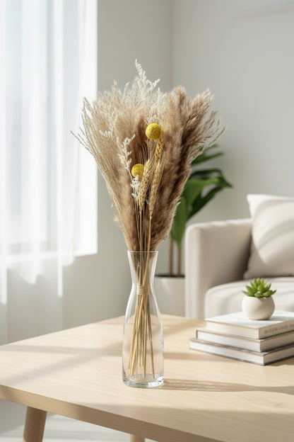 High Objects Botanical Golden Prairie dried flower arrangement with pampas grass, wheat, and yellow billy buttons in a glass vase.