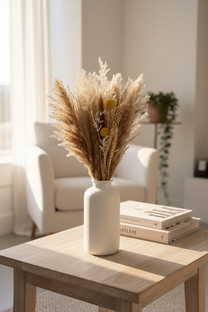 High Objects Botanical Golden Prairie dried flower arrangement with pampas grass, wheat, and yellow billy buttons in a white vase.