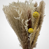 High Objects Botanical Golden Prairie dried flower arrangement with pampas grass, wheat, dried foliage, and yellow billy buttons.