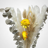 High Objects Botanical Golden Whisper dried flower arrangement with pampas grass, eucalyptus, and golden strawflowers.