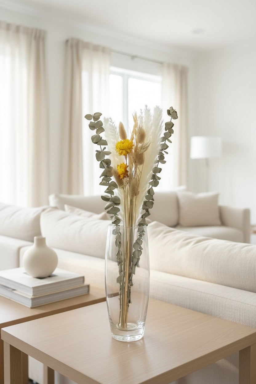 High Objects Botanical Golden Whisper dried flower arrangement with pampas grass, eucalyptus, and golden strawflowers in a glass vase.
