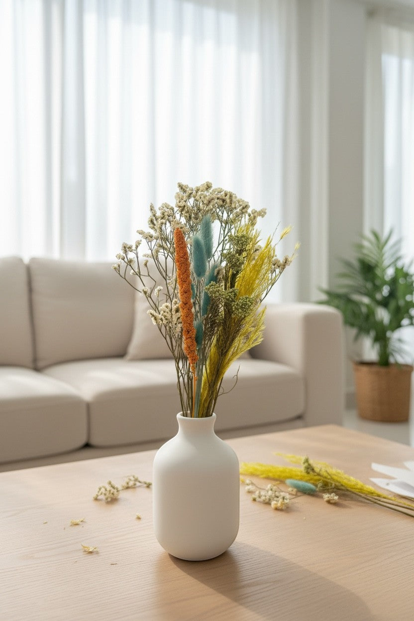 High Objects Botanical Sunlit Meadow dried flower arrangement with golden yellow, teal, and orange accents in a white vase.