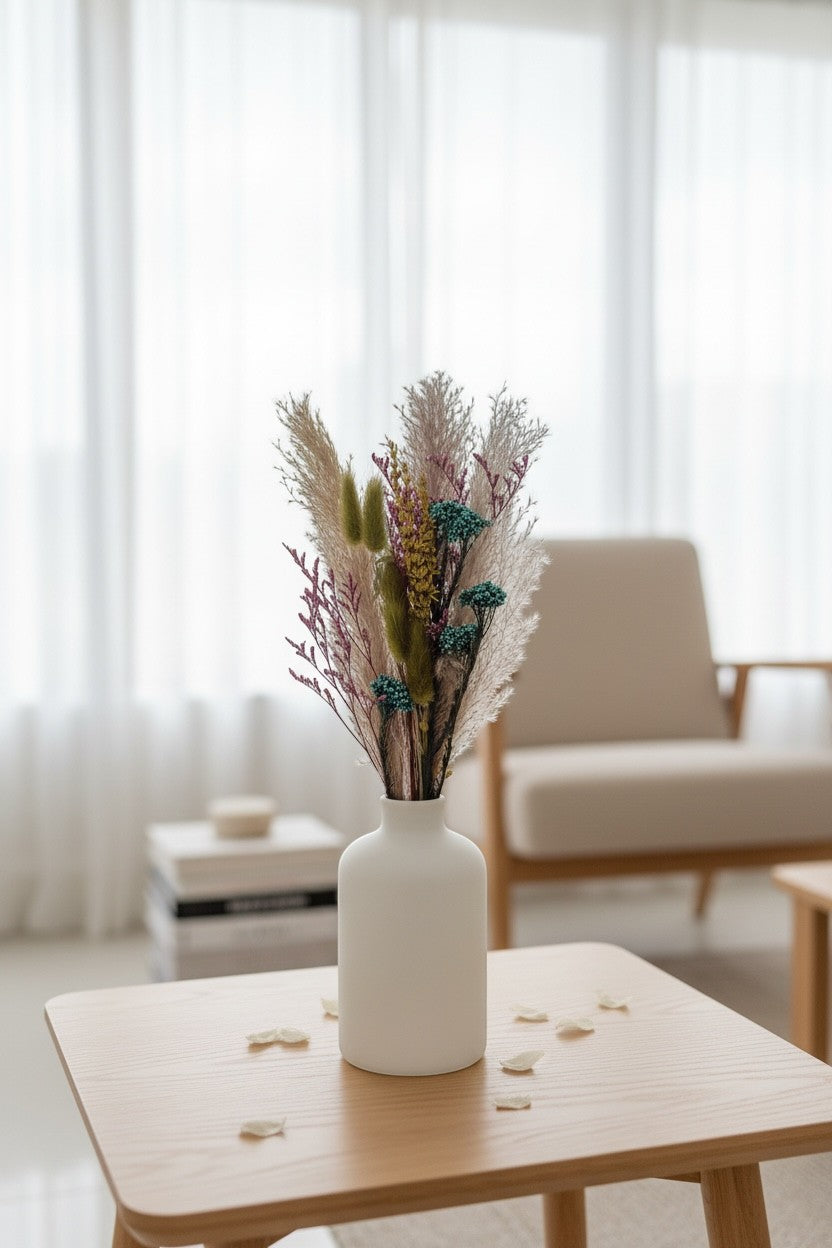 High Objects Botanical Velvet Meadow dried flower arrangement with pampas grass, bunny tails, magenta florals, golden seed spikes, and teal berries in a white vase.