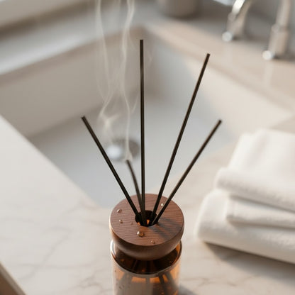 High Objects compact brown glass reed diffuser with oriental wood scent, 110ml capacity, on a marble countertop.