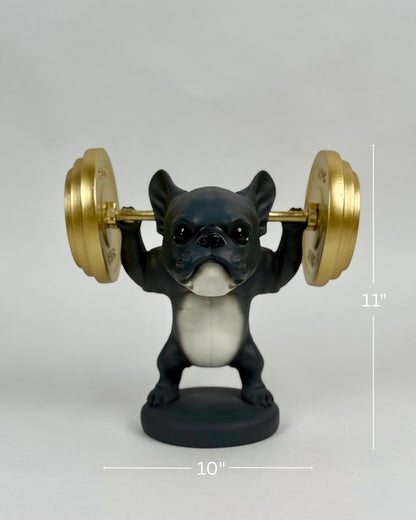 High Objects matte black French bulldog figurine lifting gold barbell, 11" H x 10" W, polyresin weightlifting showpiece.