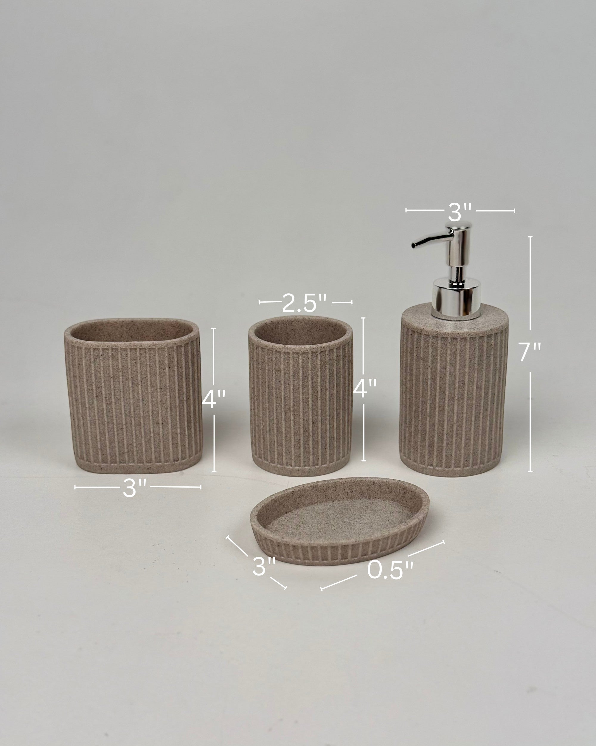High Objects Calmridge 4-piece bathroom accessory set in taupe with ribbed texture. Includes soap dispenser, toothbrush holder, cup, and soap dish.