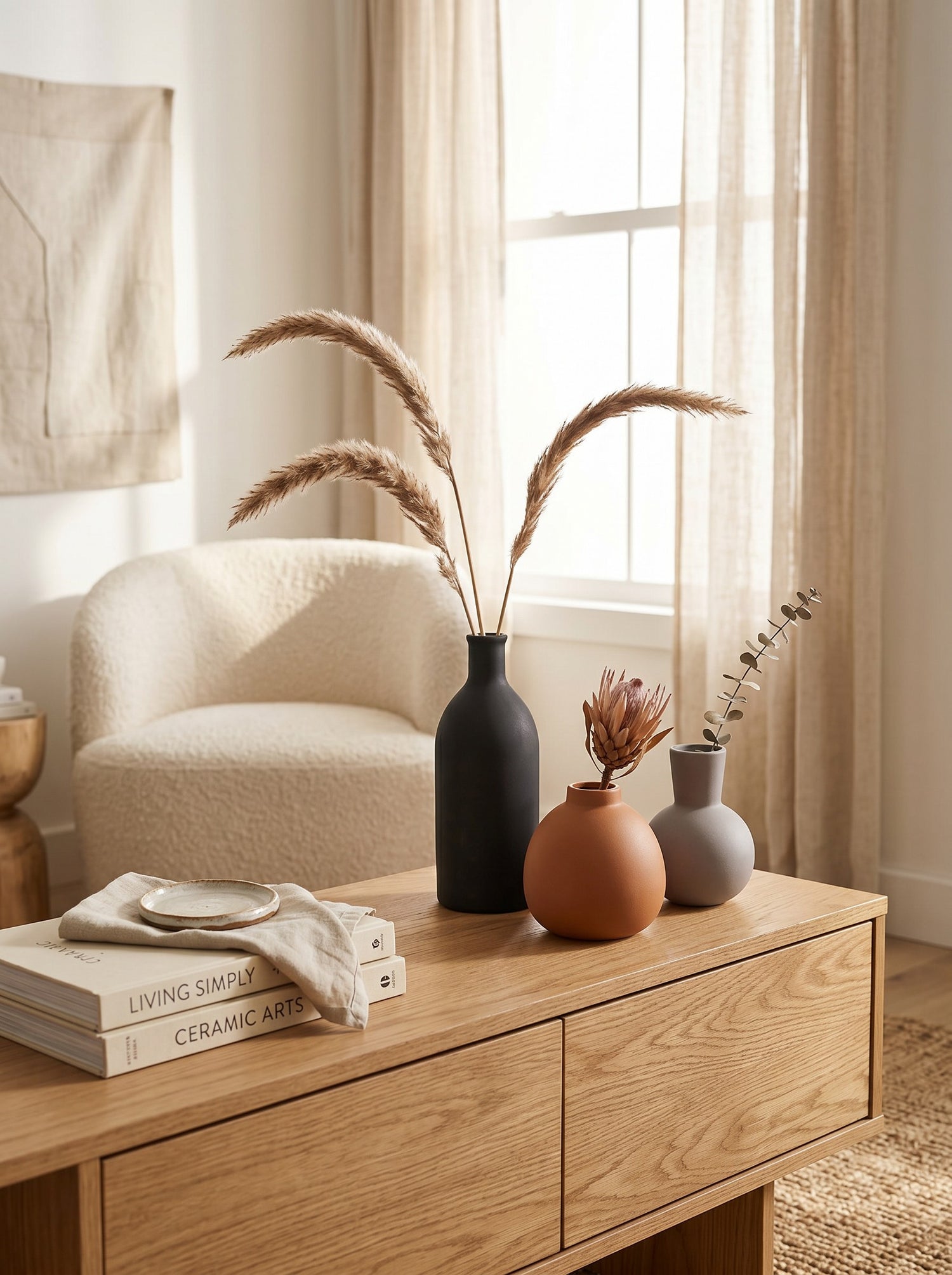 High Objects matte black, terracotta, and grey ceramic vases in various rounded shapes. Minimalist decor.