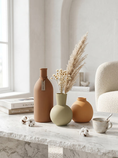Set of three matte ceramic vases in terracotta, light green, and orange by High Objects.