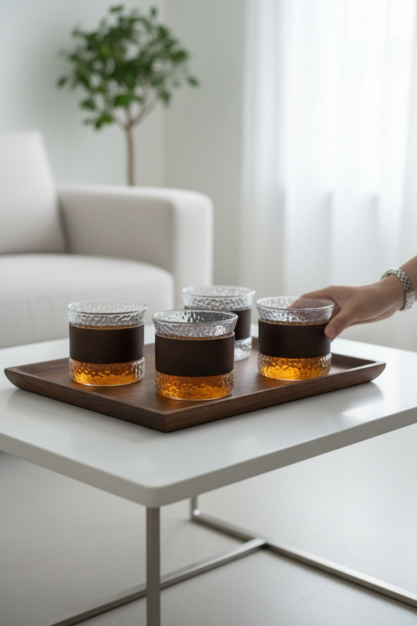 High Objects CINDER set of 4 amber textured glass cups with dark matte sleeves on a wooden tray.