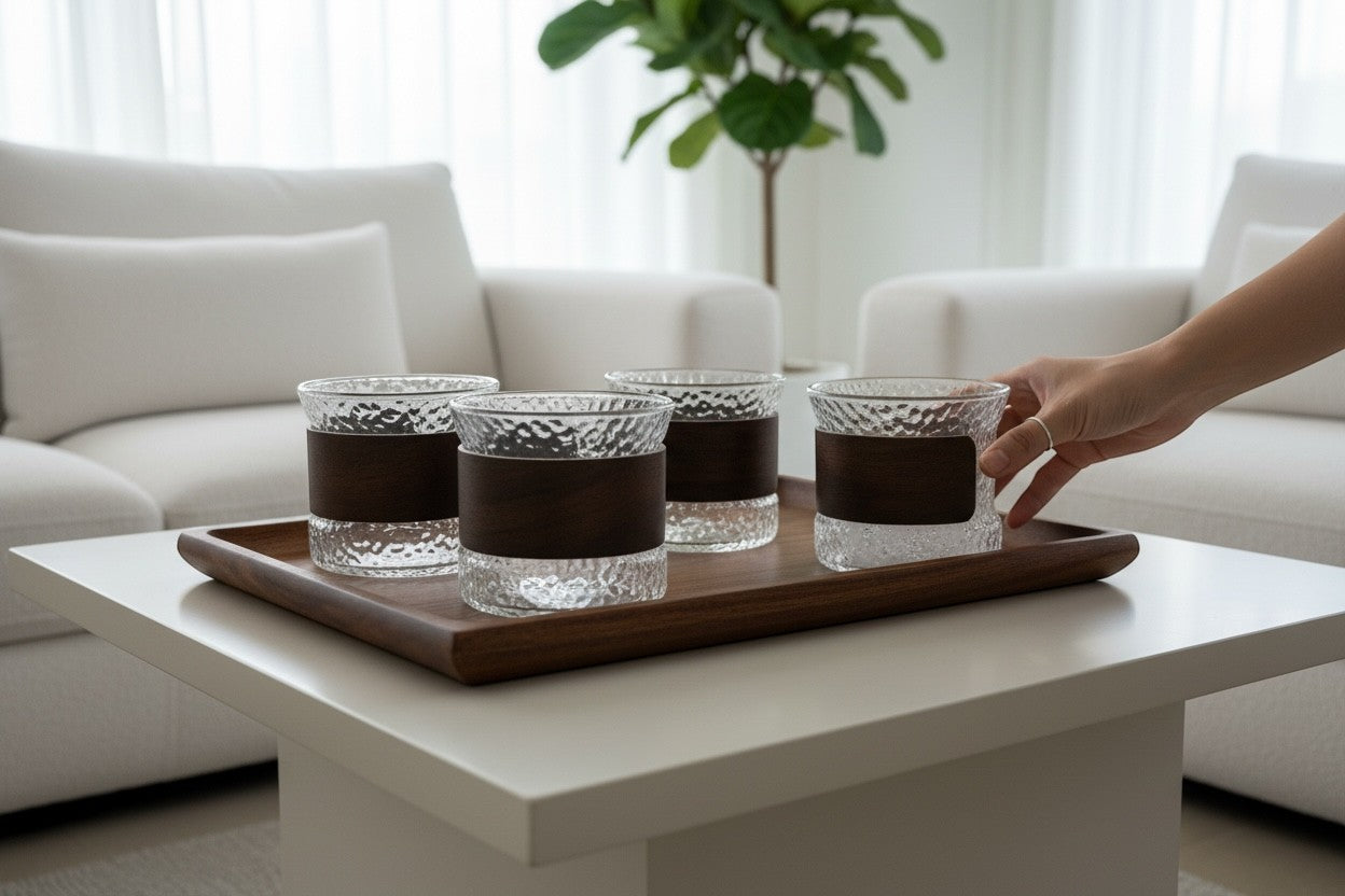 High Objects CINDER™ set of 4 amber glass cups with textured base and matte brown sleeves on a wooden tray.