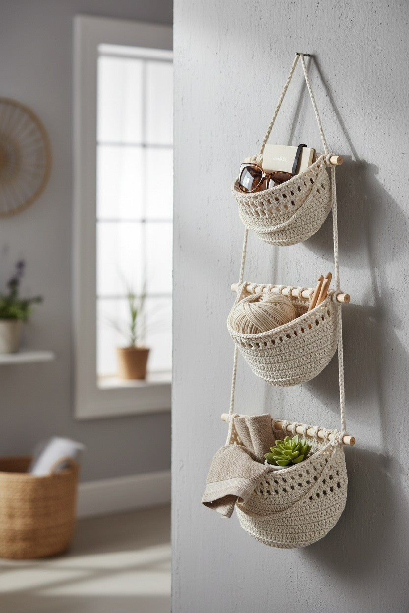 High Objects cream cotton wall hanging with three woven pockets, holding sunglasses, yarn, and towels.