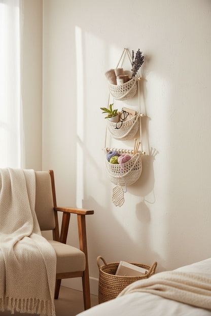 High Objects cream macrame wall hanging with three woven pockets and wooden dowels, holding yarn and decor.