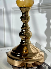 High Objects Crystal Belle candle stand set, gold metal with faceted glass shade, classic pedestal design.