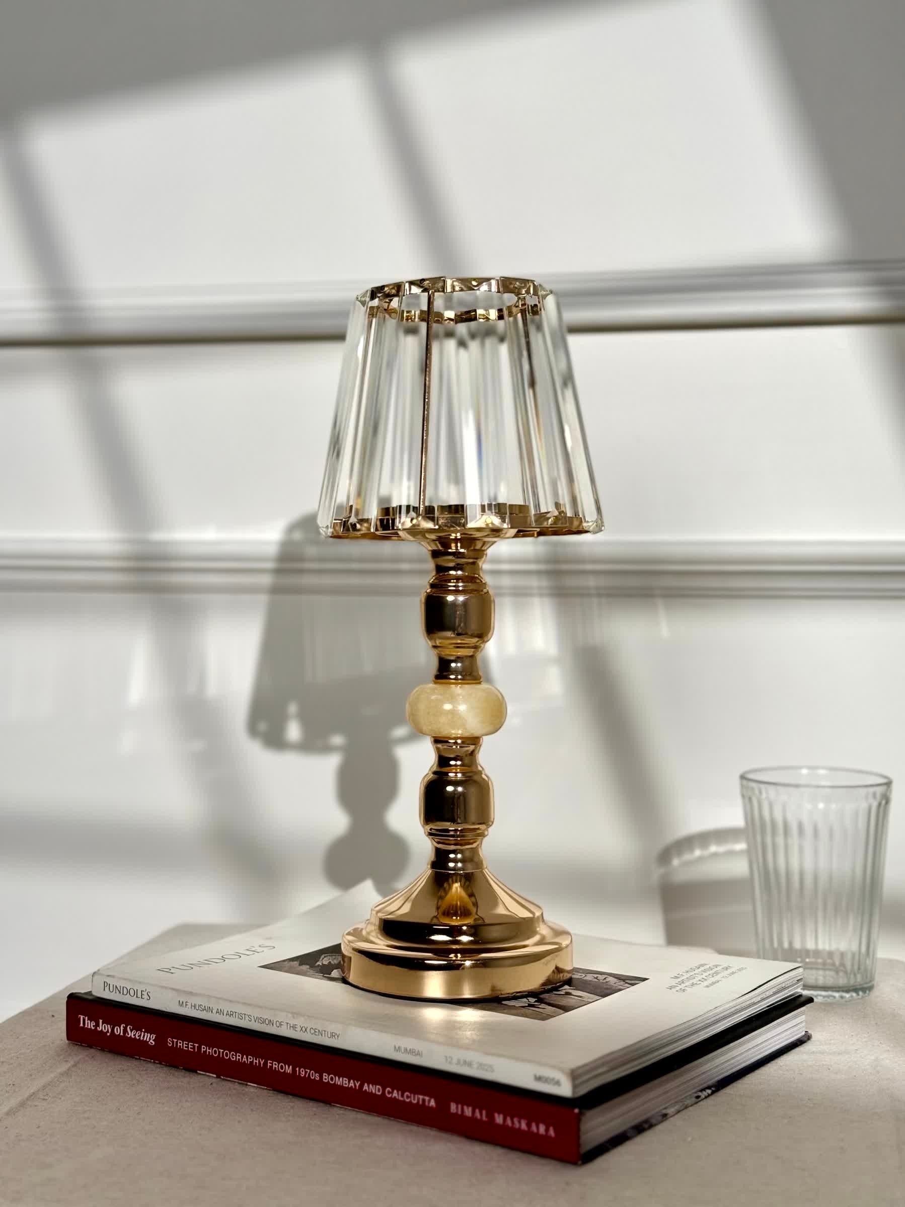 High Objects Crystal Belle candle stand with faceted glass shade and gold pedestal stem with bead details.